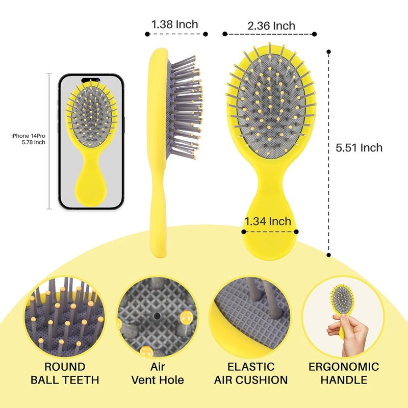 RHOS Mini Hair Brush for Women,Men and Kids-Travel Size Hair Brush for Purse,Pocket,backpack-Small Cushion Paddle Brush with Soft Bristles-Mini Detangler Brush for All Hair Types(1 Pack-Yellow) - Image 2